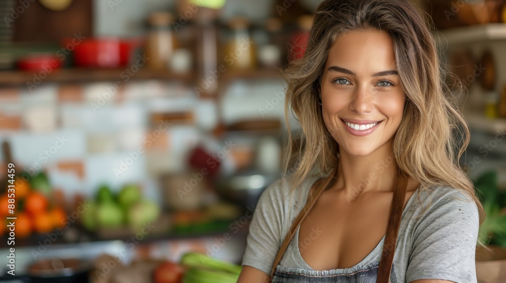 A smiling woman in a kitchen wears an apron, surrounded by fresh vegetables and fruit. A smiling woman in a kitchen wears an apron, surrounded by fresh vegetables and fruit.