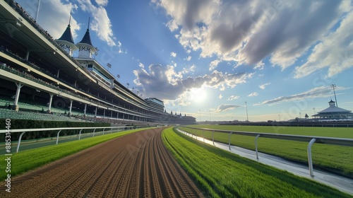 Sunny day at a Derby horse racing track, featuring wide-angle view of empty track curving past grandstands with bright blue sky above.