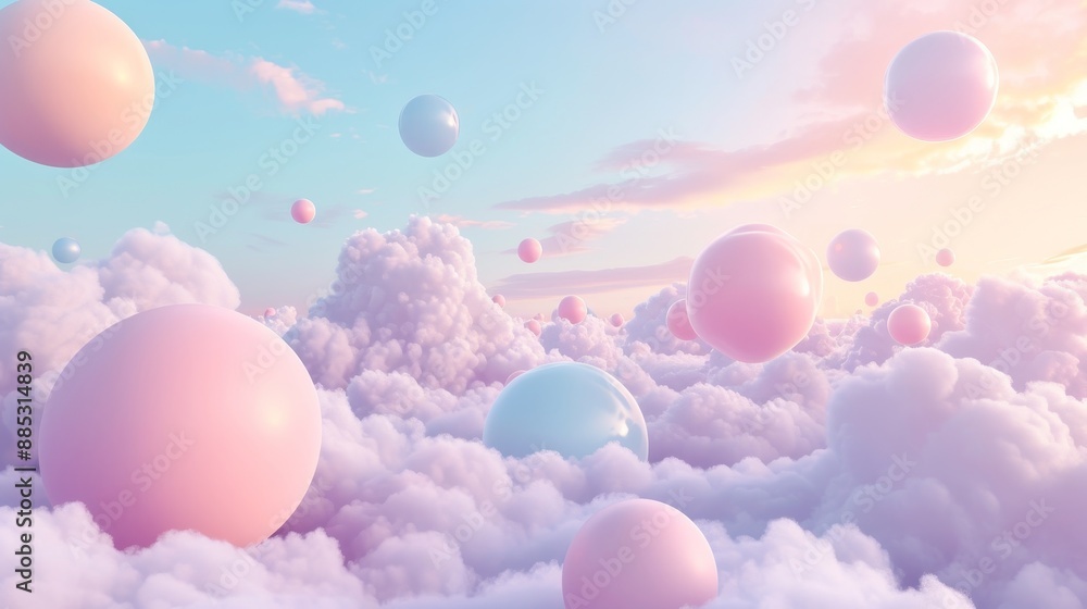A cloud-filled 3D sky with floating balloons in pastel hues AI genrated illustration A cloud-filled 3D sky with floating balloons in pastel hues AI genrated illustration