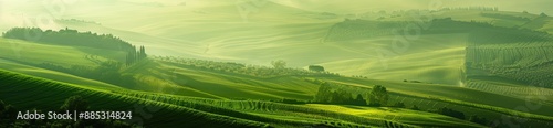 Rolling Green Hills under a Misty Sky