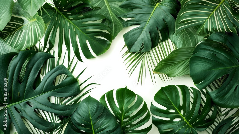 A collection of overlapping large green tropical leaves isolated on a white canvas AI genrated illustration A collection of overlapping large green tropical leaves isolated on a white canvas AI genrated illustration