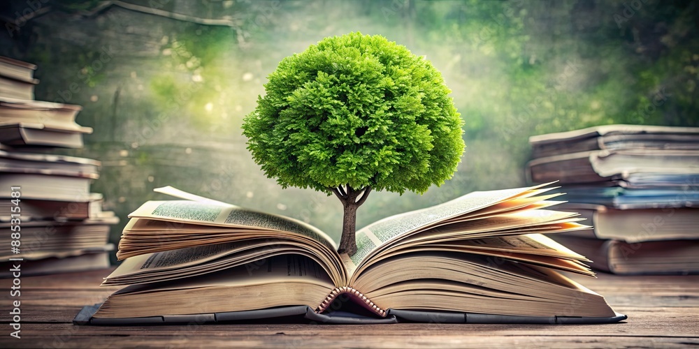 Abstract green tree growing from open book with stack of books ...