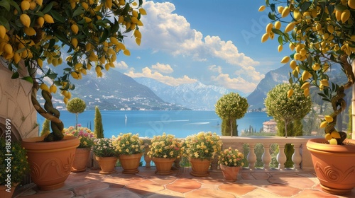 Idyllic Lake View from Mediterranean Terrace with Lemon Trees