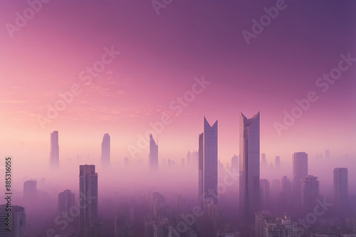 city skyline in the morning fog