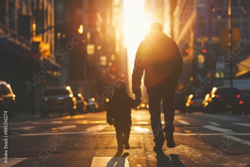 silhouette of father son walking his son child down a city street