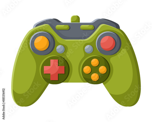 Green videogame joystick. Retro game console, wireless gamepad, icon of playing controller on white background, electronic digital device, accessory for gamers, gaming technology.