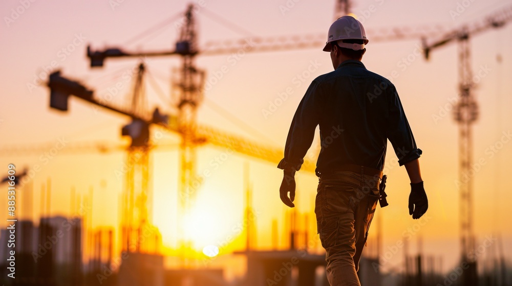 Fototapeta premium Determined Worker Silhouetted at Dawn on Construction Site Symbolizing Early Morning Dedication and Hard Work.