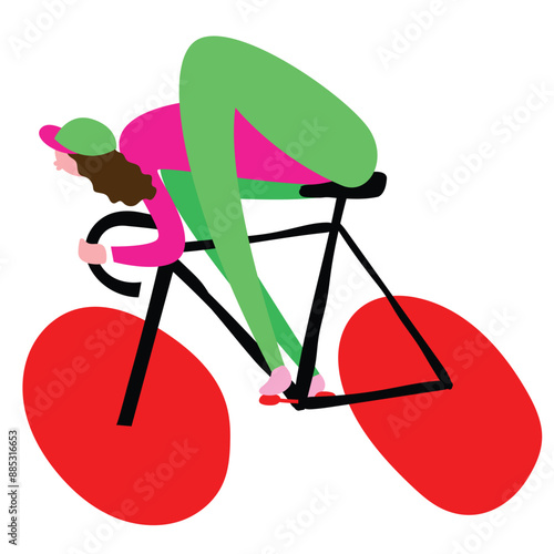 Abstract illustration of cyclist with elongated limbs in pink and green attire, riding black bicycle with oversized red wheels, leaning forward in racing position on white background. Sport concept