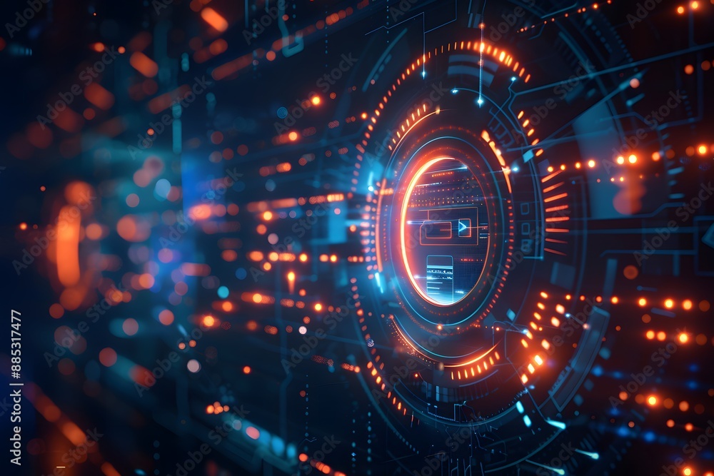 Fototapeta premium Futuristic Digital Interface with Glowing Orange and Blue Circuitry