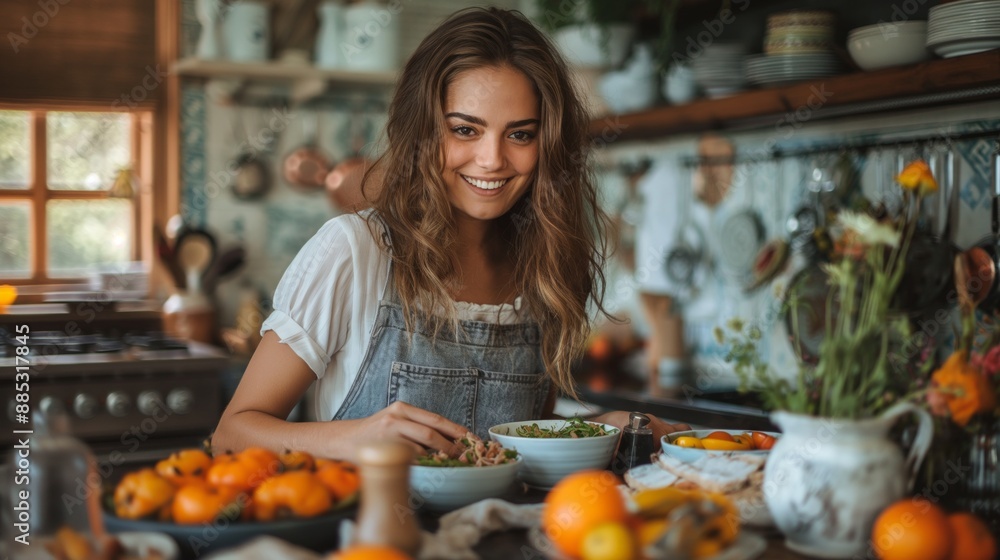 A smiling woman prepares fresh food in a bright, cozy kitchen with natural decor and abundant sunlight. A smiling woman prepares fresh food in a bright, cozy kitchen with natural decor and abundant sunlight.