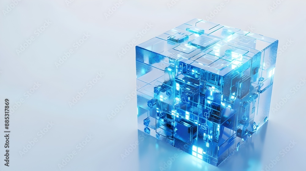 Fototapeta premium Glowing Transparent Futuristic Tech Cube with Dynamic Geometric Patterns