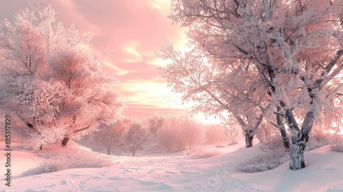 Winter Wonderland: Snow-Covered Trees and Pink Sunrise Sky