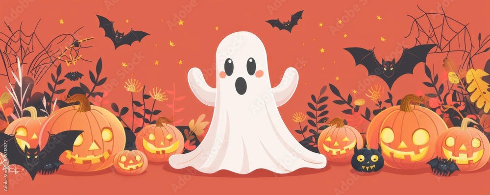 Halloween themed artwork featuring a ghost, pumpkins, bats, and spooky decorations on an orange background. Halloween themed artwork featuring a ghost, pumpkins, bats, and spooky decorations on an orange background.