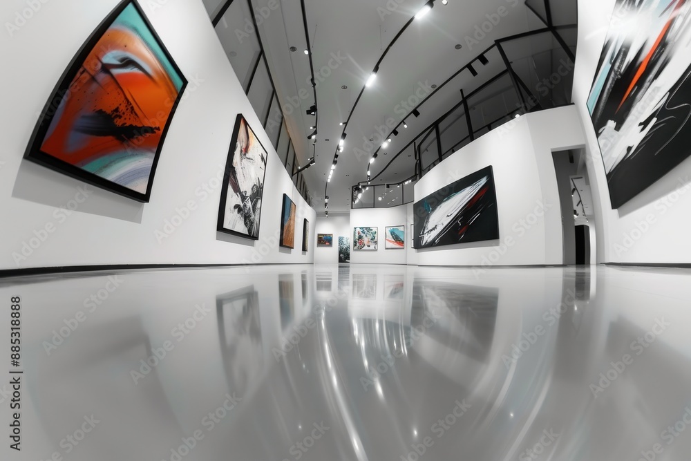 This image showcases a contemporary art gallery with large, colorful abstract paintings displayed along white walls, enhanced by polished floors and track lighting. This image showcases a contemporary art gallery with large, colorful abstract paintings displayed along white walls, enhanced by polished floors and track lighting.
