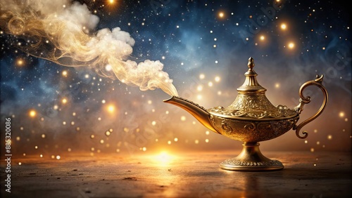 Make a wish on a golden magic genie lamp surrounded by glittering stars and mystical smoke, wish, magic, genie, lamp, stars