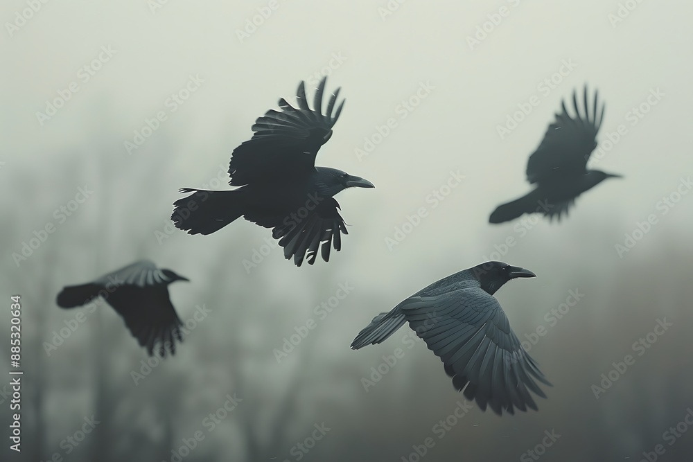 Obraz premium Flock of Ravens Soaring Through a Misty Sky