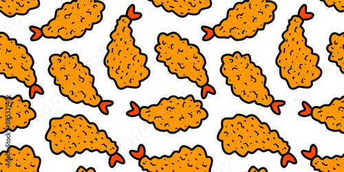 tempura fried shrimp seamless pattern. crispy shrimp tempura pattern background. Doodle Tempura Shrimp Pattern Background. fried shrimp pattern. 