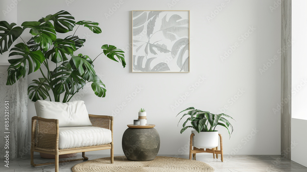 A serene minimalist room featuring a wicker chair, lush indoor plants, a round woven rug, and a nature-inspired framed artwork on a clean white wall. A serene minimalist room featuring a wicker chair, lush indoor plants, a round woven rug, and a nature-inspired framed artwork on a clean white wall.
