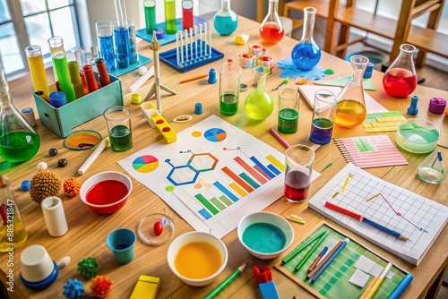 Wallpaper Mural Colorful science tools and materials scatter a table, surrounded by diagrams and charts, conveying a sense of fun and curiosity in a collaborative learning atmosphere. Torontodigital.ca