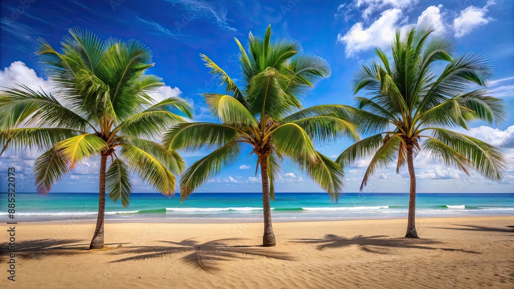 Palm trees on sandy beach overlooking ocean , tropical, vacation, paradise, relaxation, summer, coastline, exotic, travel, sea Palm trees on sandy beach overlooking ocean , tropical, vacation, paradise, relaxation, summer, coastline, exotic, travel, sea