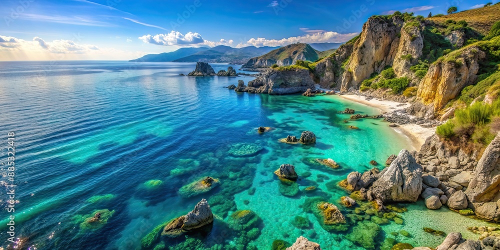 Fototapeta premium Spectacular view of rocky cliffs and crystal clear waters at Capo Vaticano beach in Calabria, Italy, Capo Vaticano