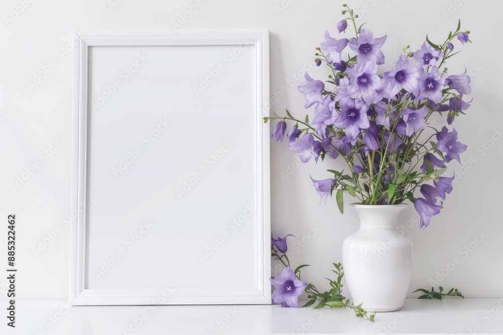 The white portrait frame mockup has wildflowers in a jar and silk ribbons near the white wall. A blank frame mock up for a presentation design. Template framing for modern art works. The white portrait frame mockup has wildflowers in a jar and silk ribbons near the white wall. A blank frame mock up for a presentation design. Template framing for modern art works.