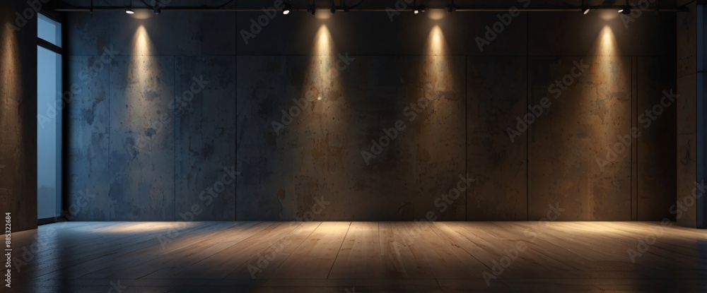 Obraz premium A single spotlight illuminates an empty wooden stage in a dark theater