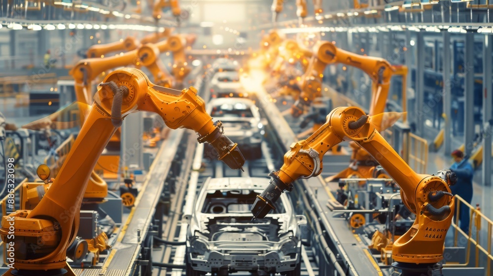 The 3D concept of the automotive factory shows a robotic arm assembly line manufacturing high-tech green energy electric vehicles. A construction, building, welding industrial production conveyor can The 3D concept of the automotive factory shows a robotic arm assembly line manufacturing high-tech green energy electric vehicles. A construction, building, welding industrial production conveyor can