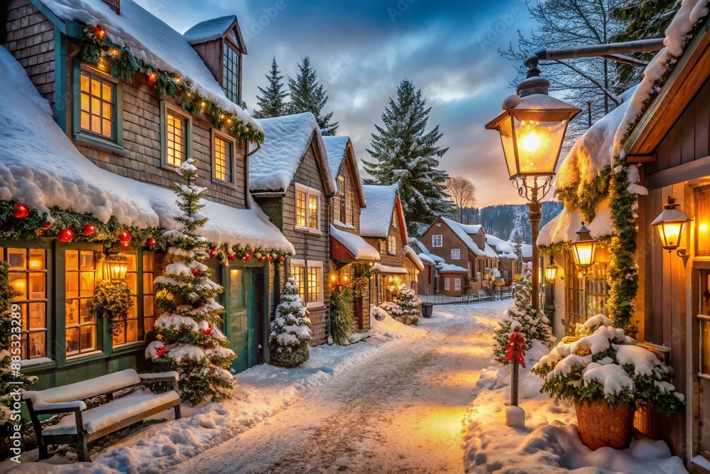 Fototapeta premium Quaint snow-covered cottages and wooden shops line a serene, snowflaked village street, adorned with vintage lanterns and evergreen garlands, beneath a misty winter sky.