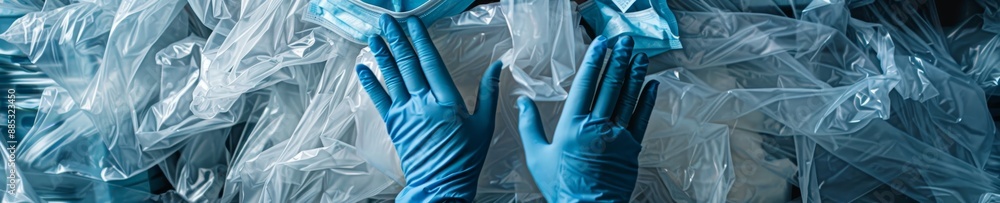 Fototapeta premium In the aftermath of the COVID-19 pandemic, garbage contamination caused by discarded personal protective equipment, gloves, disposable masks and shoe covers of medical workers.