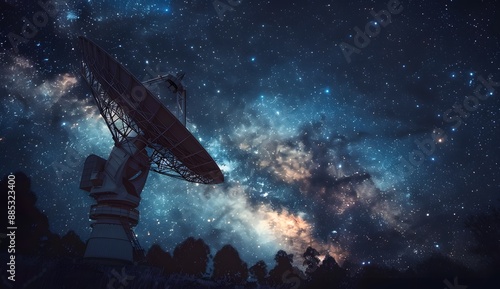 Fototapeta Naklejka Na Ścianę i Meble -  Radar radio telescope dish against night sky with stars and milky way, futuristic space technology background