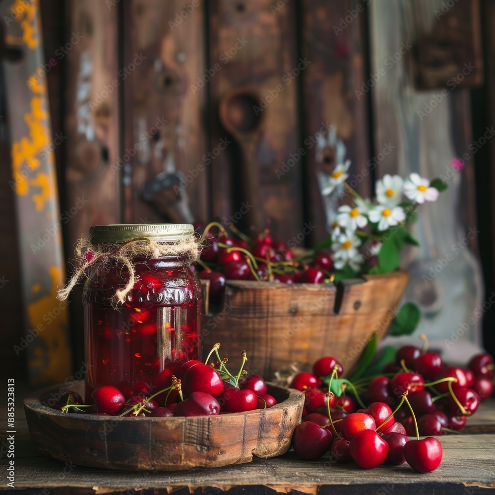 Cherry fruit compote, red berry jam, confiturered cherries, berry juice in glass jar, preserved fruits Cherry fruit compote, red berry jam, confiturered cherries, berry juice in glass jar, preserved fruits