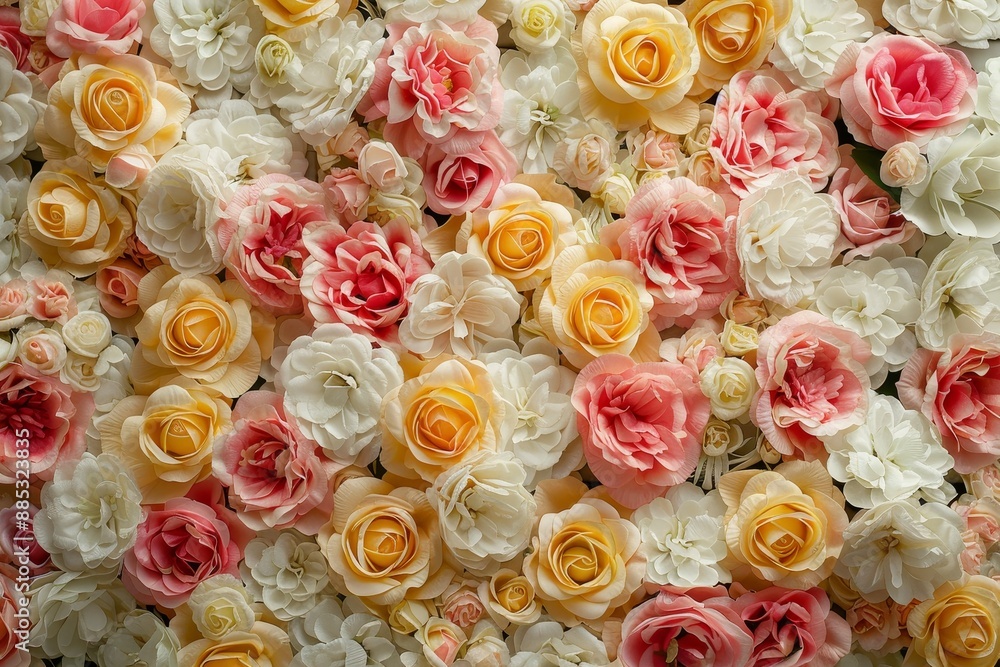 There are many flowers on this colorful background of peonies. There are many flowers on this colorful background of peonies.