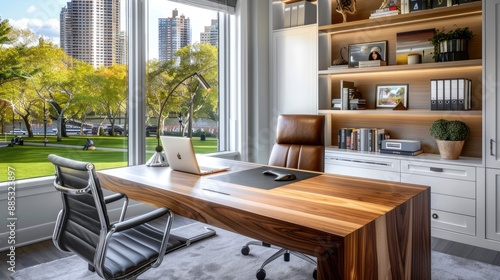 A chic home office with a minimalist wooden desk