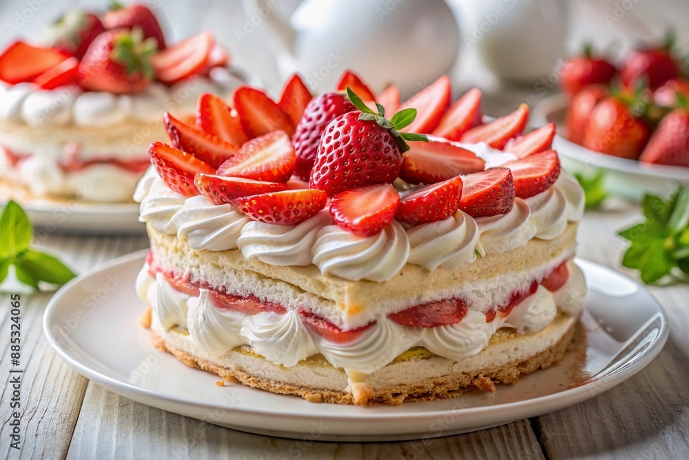 Freshly sliced meringue cake layered with strawberry yogurt and garnished with sweet strawberries, sitting on a clean white plate against a soft blurred background. Freshly sliced meringue cake layered with strawberry yogurt and garnished with sweet strawberries, sitting on a clean white plate against a soft blurred background.