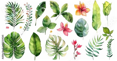 A watercolor illustration of tropical flowers and leaves. Leaves of jungle. Safari exotic greenery. A childish illustration of flowers for a baby shower. Isolated blooms of tropical leaves. Monstera