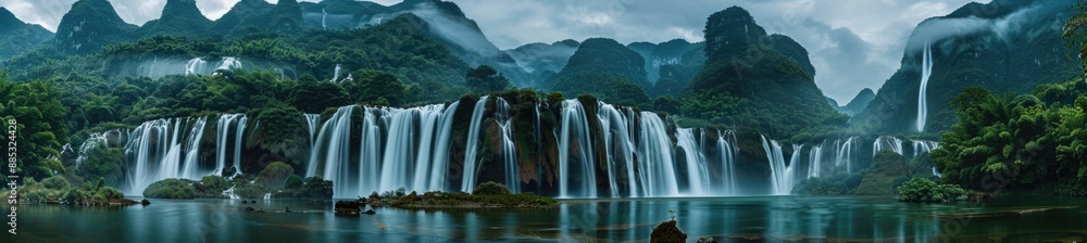 Fototapeta premium Serene Waterfall Cascading Through Lush Green Landscape