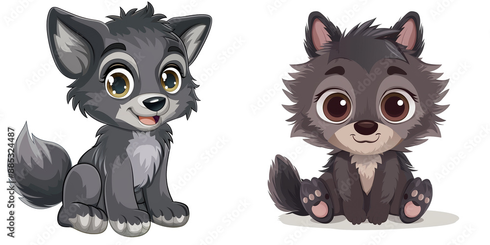Cute cartoon wolves, one sitting and one standing, with big eyes and playful expressions, perfect for children's illustrations and designs. Cute cartoon wolves, one sitting and one standing, with big eyes and playful expressions, perfect for children's illustrations and designs.