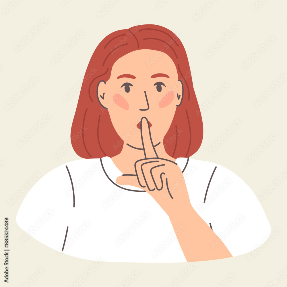 Woman holding finger at lips ask be quiet. Girl make hand gesture asking for silence. Nonverbal communication