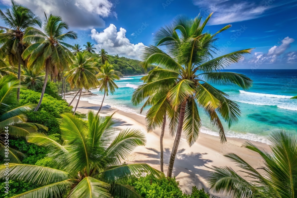 Palm trees sway above a pristine white sand beach, turquoise ocean waves gently lap at the shore, surrounded by lush green tropical vegetation. Palm trees sway above a pristine white sand beach, turquoise ocean waves gently lap at the shore, surrounded by lush green tropical vegetation.