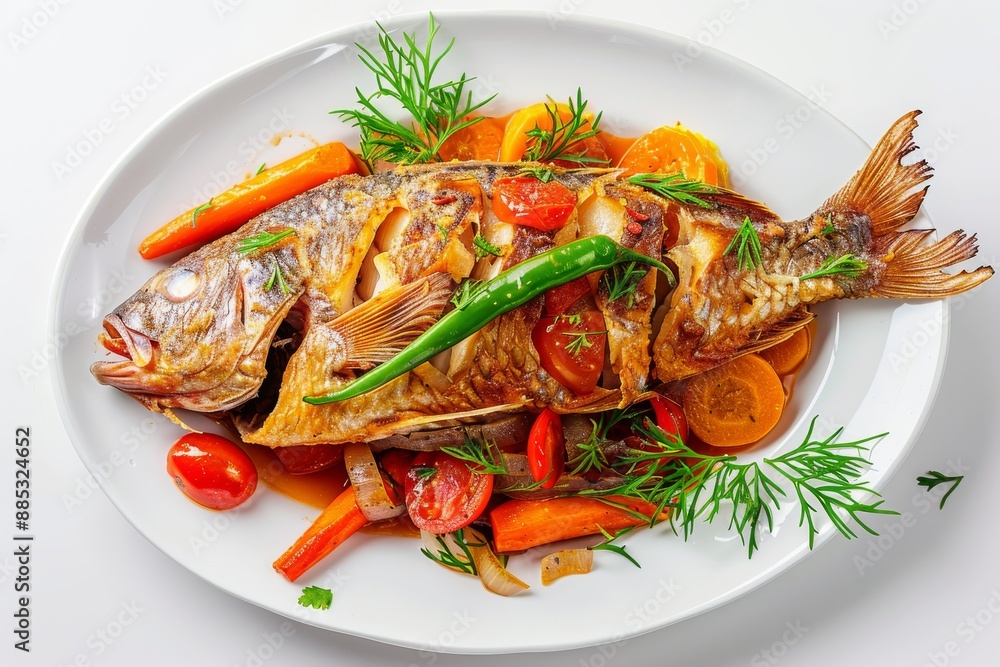 Fried fish with vegetables, whole sea bass with stewed tomatoes, sweet pepper, carrots and onions Fried fish with vegetables, whole sea bass with stewed tomatoes, sweet pepper, carrots and onions
