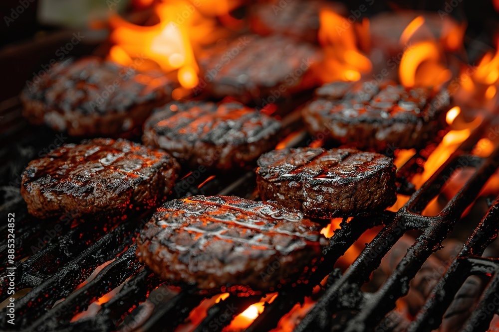 Cooking meat cutlet on hot grill barbecue grate with fire flams and smoke outdoors Cooking meat cutlet on hot grill barbecue grate with fire flams and smoke outdoors