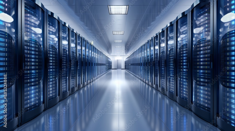 Fototapeta premium Modern data center hallway filled with server racks and blue lights, illustrating advanced technology and network infrastructure.