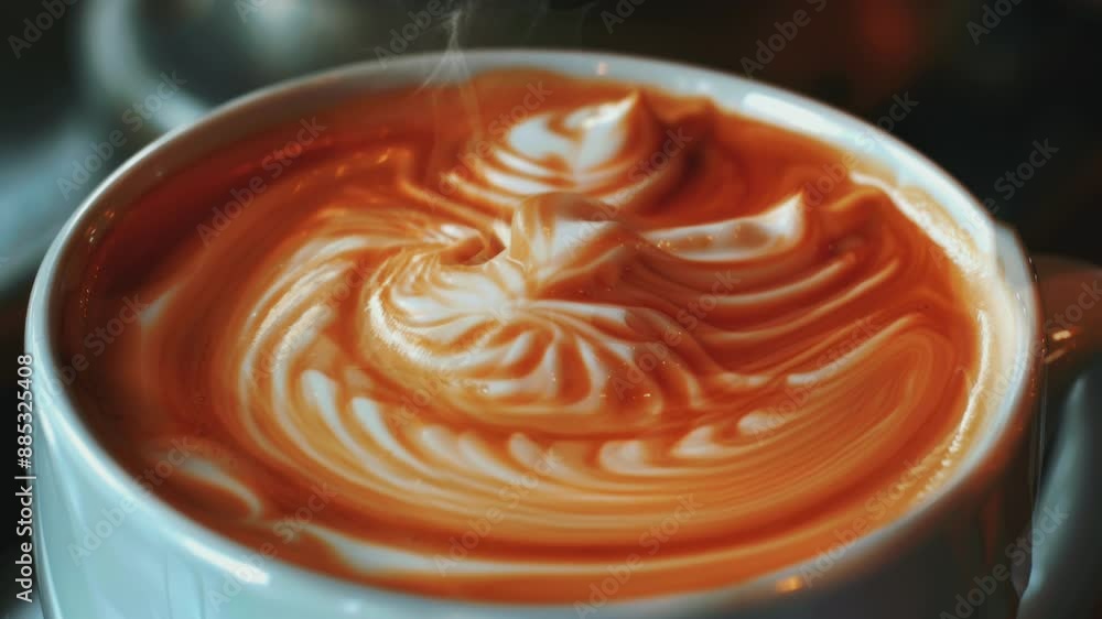 Close-up of a latte art design in a white cup. Close-up of a latte art design in a white cup.