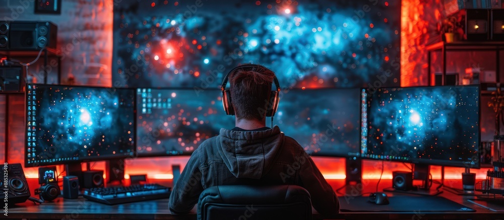 Gamer in a Neon Lit Setup with Triple Monitors Gamer in a Neon Lit Setup with Triple Monitors