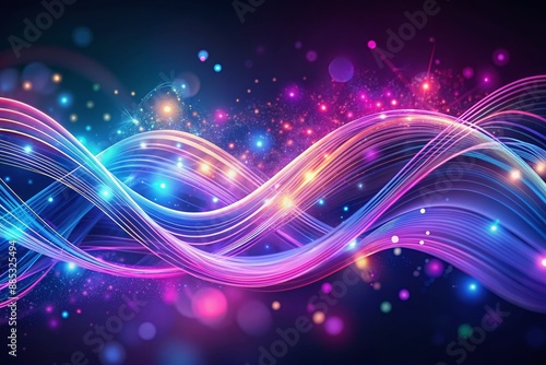 Vibrant neon glowing lines undulate across a dark purple backdrop, intertwined with shimmering bokeh lights, evoking a futuristic wave pattern in blue and pink hues. photo