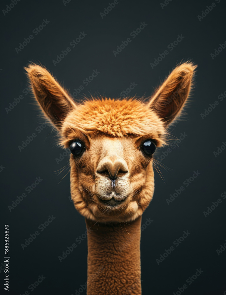 Obraz premium close-up portrait of an alpaca with a soft, fluffy coat and expressive, large eyes. The alpaca's face is centered, and the background is a solid dark color, highlighting its features
