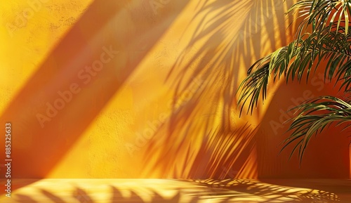 Yellow light summer backdrop studio with tropical shade gradient product platform 3d background or minimal sunny display room with empty banner template.