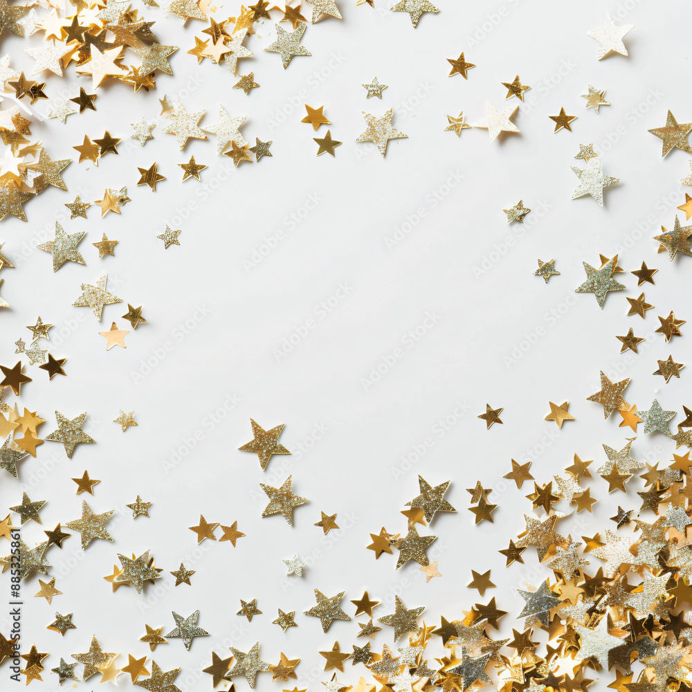 white background with golden stars confetti on the edges, flat lay white background with golden stars confetti on the edges, flat lay