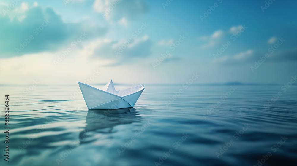 Obraz premium Small paper boat is flowing along the river. Beauty of nature,freedom,tourism,exploration and travel concept.